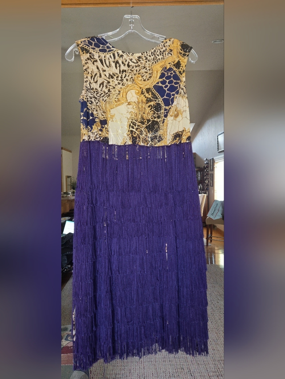 Purple Fringe Tiered Ballroom Dress Gold Printed Bodice With Clasp Crotch Size M